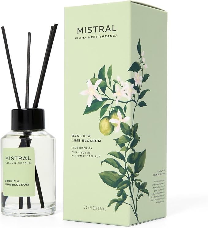 Mistral Basilic & Lime Blossom Reed Diffuser – Luxury Basil & Lime Blossom Scent Diffuser for Home, Office, Bathroom | 100% Oil-Based & Alcohol-Free, Long-Lasting with Natural Reed Sticks (3.5 fl oz)