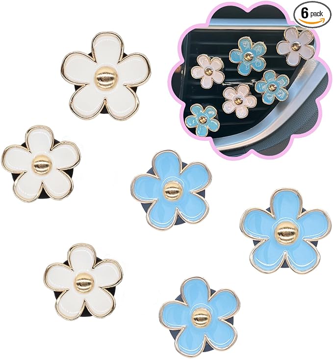 ORIESSE 6pcs Flowers Car Air Freshener Vent Clips Blue White Daisy Flowers Air Vent Clip Car Accessories for Women 3.3cm/3cm Refillable Daisy Decor Diffuser