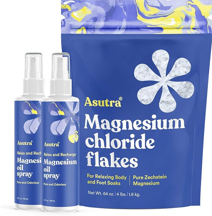 ASUTRA Pure Zechstein Bundle, 4 Lb Magnesium Flakes for Bath Soak and 2 Pack Topical Pure Magnesium Oil Spray for Feet, Leg and Foot Cramps, Tired Muscles, Better Sleep, 4 Fl Oz Each