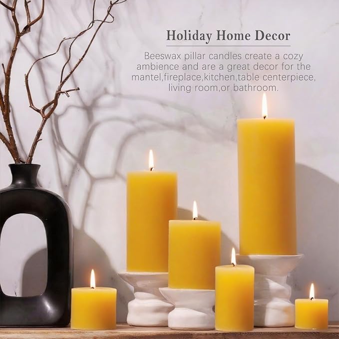 Beeswax Candles Set of 6, Non Toxic Natural Pillar Candle Bulk | Clean Burn, Paraffin Free, No Fragrance, Pet-Friendly, Assorted Size, Home Decor, Air Purify,Smokeless, Dripless, Emergency