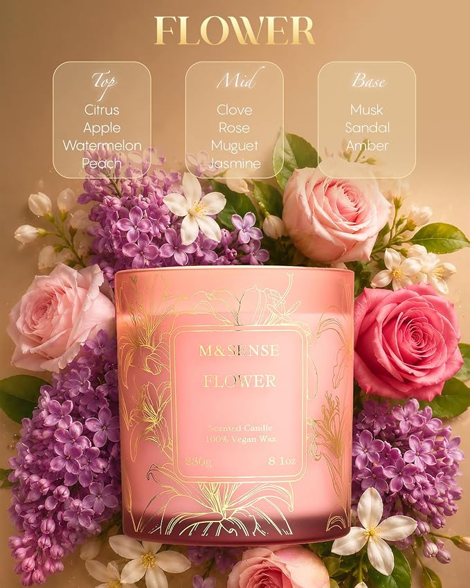M&SENSE Floral Scented Natural Soy Candles, Romantic Flower Stress Relief Aromatherapy Candle for Women, 8.1oz 42-Hour Non Toxic Natural Candle Gifts for Women