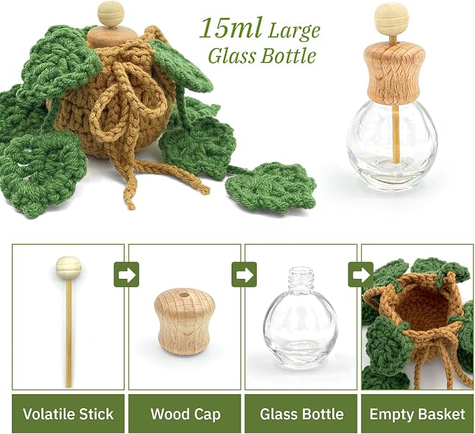 Crochet Car Air Freshener, 15ml Empty Refillable Oil Diffuser Bottle with Hanging Crochet Plant for Car Rearview Mirror Decor, Handmade Home&Office Decor