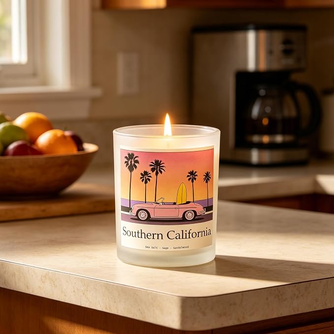 SoCal Sunset Scented Candle, Sea Salt & Sage & Sandalwood, Southern California Gifts, California Gifts, Coastal California Souvenirs, 100% Soy Wax, 7OZ