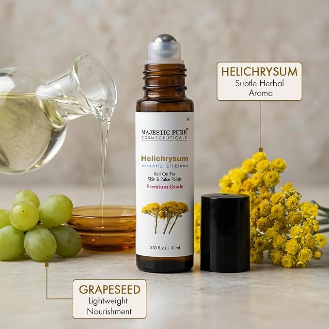 Majestic Pure Helichrysum Essential Oil, 10ml Roll-On | Helichrysum Italicum, Grapeseed Oil, Skin Care, Stress Relief