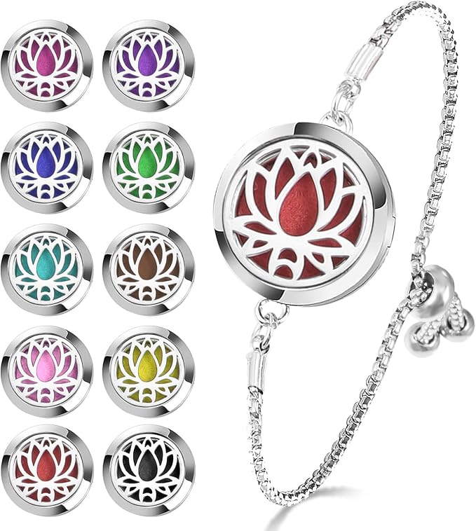 Essential Oil Diffuser Bracelet Aromatherapy Locket Adjustable Stainless Steel Lotus Bracelet with 10 Pcs Refill Pads for Women Girls