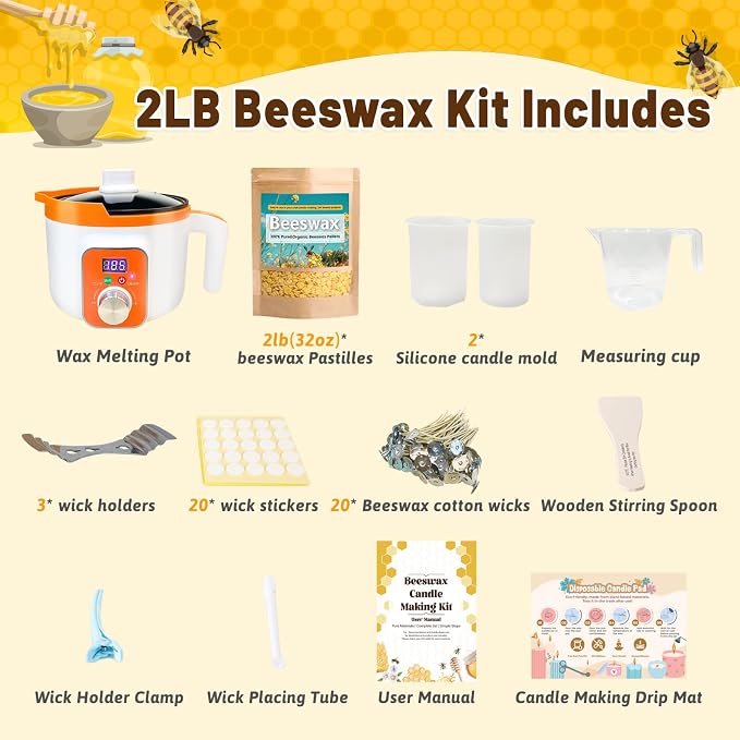 Beeswax Candle Making Kit, 2LB (32oz) Organic Beeswax for Candle Making with Electric Wax Melter, Bees wax Pellets for Lip Balm, Lotion, Furniture Polishing & Soap Making Ideal for Home Craft
