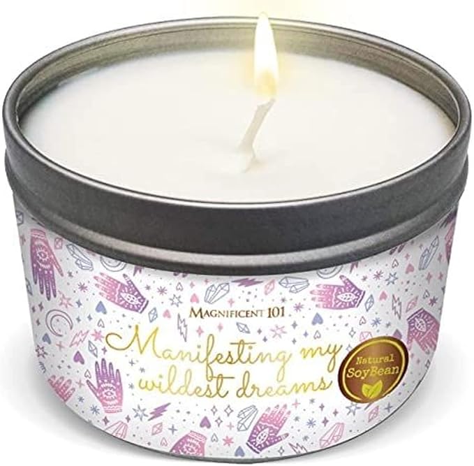 MAGNIFICENT 101 Affirmation Massage Candle - 6 Oz White Tin - Soy Candle Aromatherapy Meditation with Sage & Palo Santo Scent for Healing & Abundance - Manifesting My Wildest Dreams