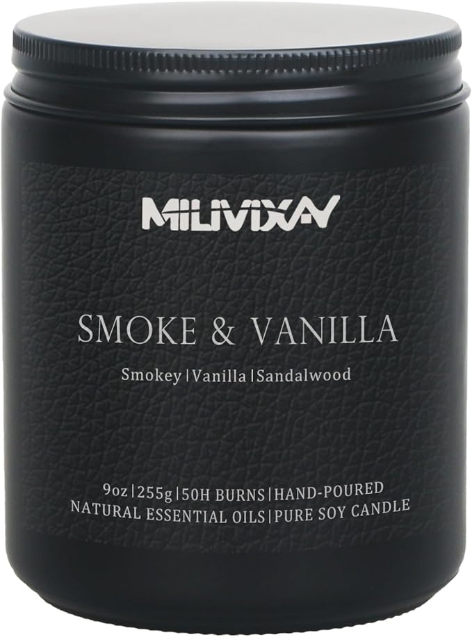 MILIVIXAY Candle for Men Smoke & Vanilla Scented Classic 9oz Jar Single Wick Candle, Soy Wax Candles for Consistent Burn, Over 50 Hours of Burn Time, Ideal for Creating Relaxing & Holiday Gifting.