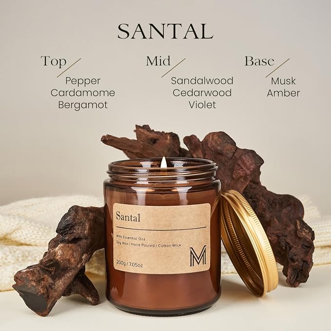 M&SENSE Santal Scented Christmas Candle Gift, Aromatherapy Candle Set for Women, Soy Wax Candles Home Scented, Long Lasting Amber Jar Candles Gift for Christmas, Thanksgiving, Holiday