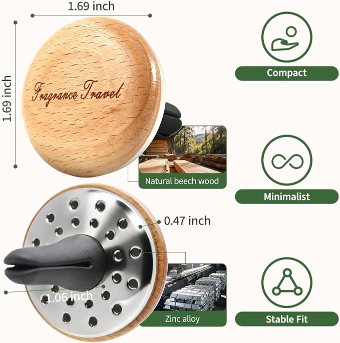 Wooden Car Air Freshener Vent Diffuser, Light Brown Beech Wood with Zinc Alloy Base, Refillable Essential Oil Compatible Car Vent Clip, Includes 4 Scented Pads, Long Lasting Natural Diffuser