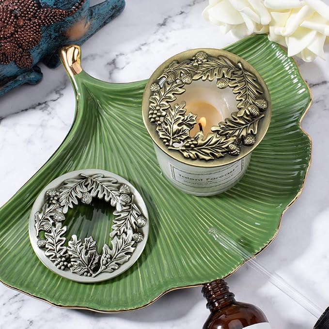 PH PandaHall 2 Pack Candle Topper Leaf Pine Candle Topper Shade Jar Lid Shade Sleeves for Jar Candles - Help Candles Melt Evenly and Look Great, 3.19 in Diameter(Antique Bronze & Antique Silver)