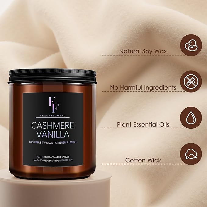 Cashmere Vanilla Scented Candle for Home Soy Wax Candle, Aromatherapy Candle Gift for Women Men, 7oz
