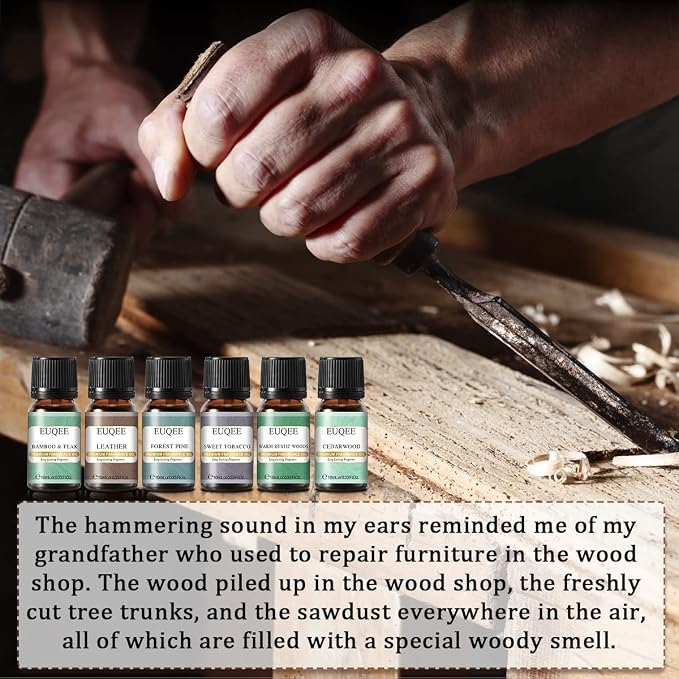 EUQEE Fragrance Oils Gift Set Premium Woody Scented Oil - Forest Pine, Warm Rustic Woods, Bamboo & Teak, Cedarwood, Leather, Sweet Tobacc(Honeyed Haze), for Diffuser, Soap Making, Candle - 6x10ml
