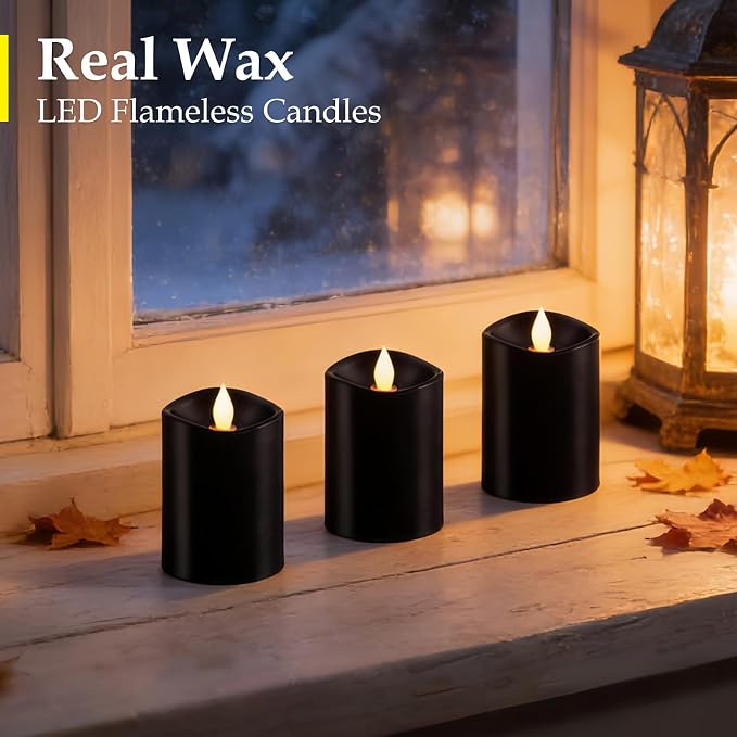 Black Pillar Flameless Candles - 3D Flickering, Remote Timer, Battery Operated, 600+ Hours, Halloween & Gothic Themed Decor (Black, 3"*4"-3pcs)