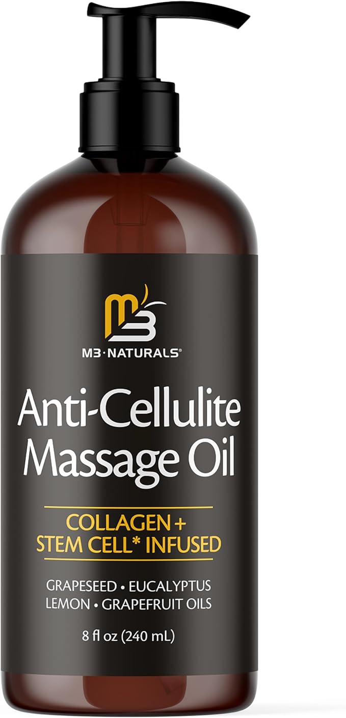 Anti Cellulite Massage Oil and Silicone Body Brush – Collagen and Stem Cell Skin Tightening Formula for Smoothing and Firming, 8 fl oz by M3
