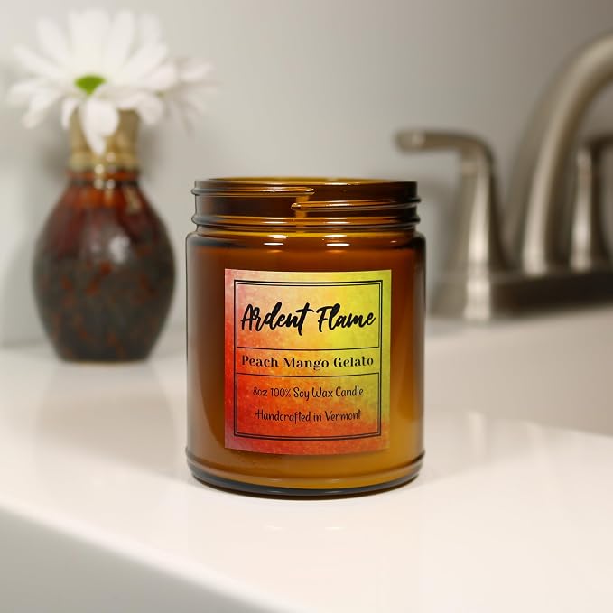 Candles | Peach Mango Gelato | 100% Natural Soy Wax Candle for Home Decor | Highly Scented | Premium Fragrance | Handmade in Vermont, USA | 8 oz | Long Lasting | Gift for Women and Men