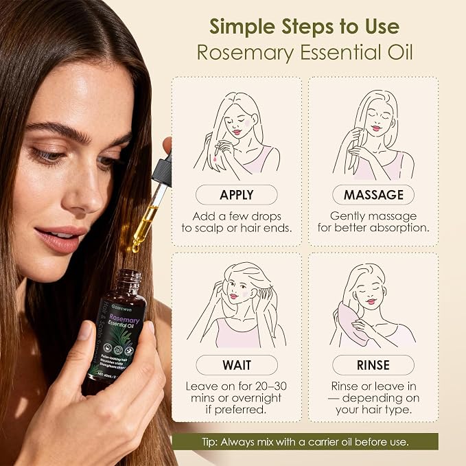 Rosemary Essential Oil for Hair Growth & Scalp Care, 60ml | Plant-Based Nourishing Oil, Daily Scalp Massage, Stronger & Smoother Hair, Paraben-Free
