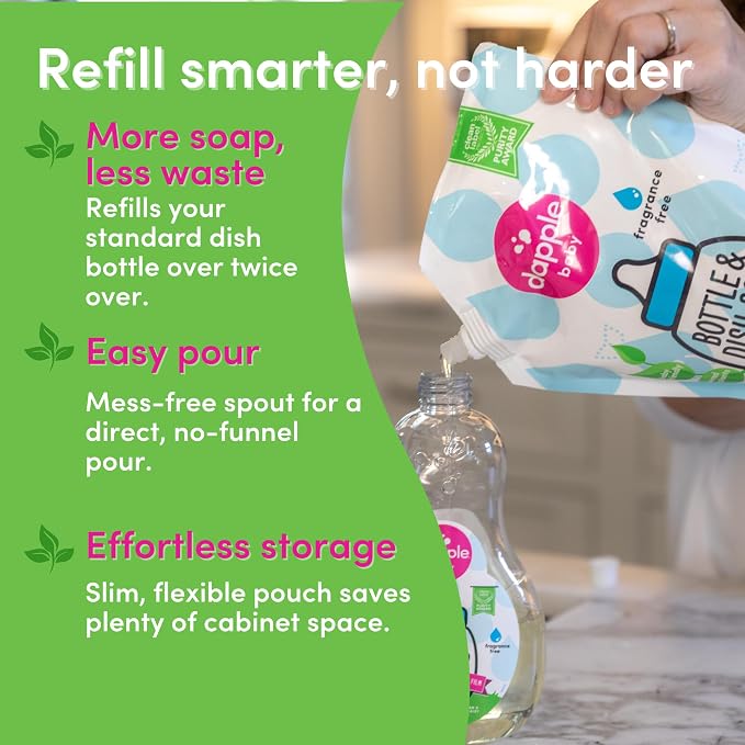Dapple Baby Fragrance-Free Bottle & Dish Soap Refill Pouch - (2 Pack) 33.8 fl oz - Plant-Powered Cleaner for Baby Bottles, Pump Parts, and Sippy Cups