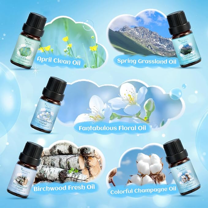 Clean Fragrance Oils Set,Gifts for Mom,10 Premium Essential Oils Set for Diffuser, Soap & Candle Making, Dryer Ball,Home Fragrance,Fresh Cotton, Fresh Clean Air, April Clean and More 10x5ml Scent Oil