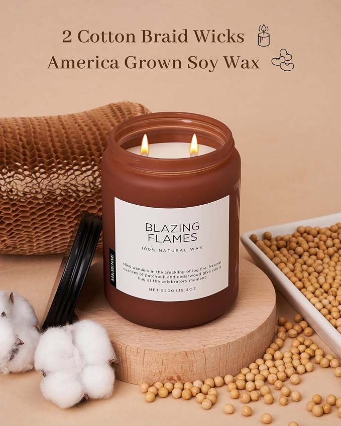M&SENSE Blazing Flames Scented Candles, Soy Wax 19.4oz 110 Hours Long Lasting Clean Burn, Warm Woods Aromatherapy Candles for Relaxation Large Candle Birthday Holiday Gifts for Men Women