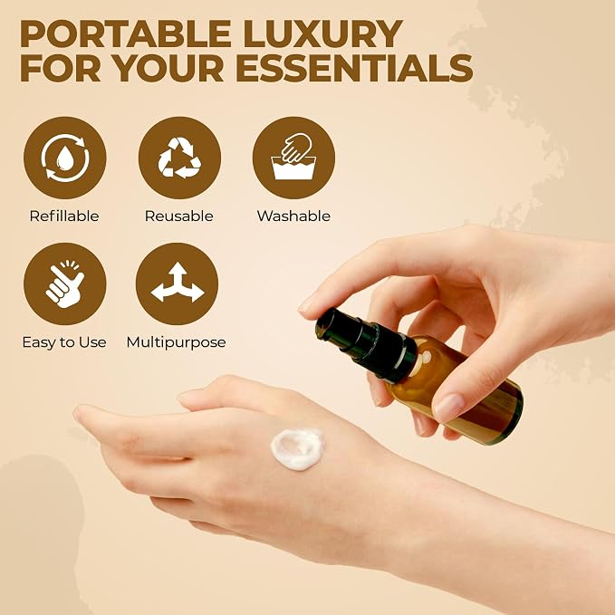 VitalUp 6 Pack, 3 30ml (1oz) & 3 15ml (0.5oz) Empty Refillable Glass Amber Pump Bottle Ideal for Lotion Cream Essential Oil Travel Small Container, Convenience Pack
