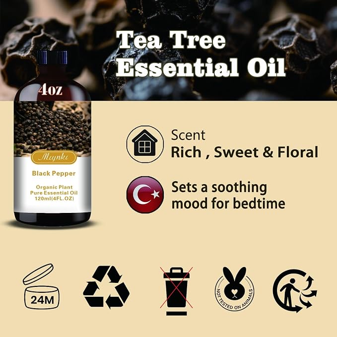Black Pepper Essential Oil, Black Pepper Oil for Massage, Diffuser, Humidifier, DIY Candle, Soap, Energy, Focus, Gift Ready,Black Pepper Fragrance Oil - MLYNKL Essential Oils (4.33 fl oz / 130ml)