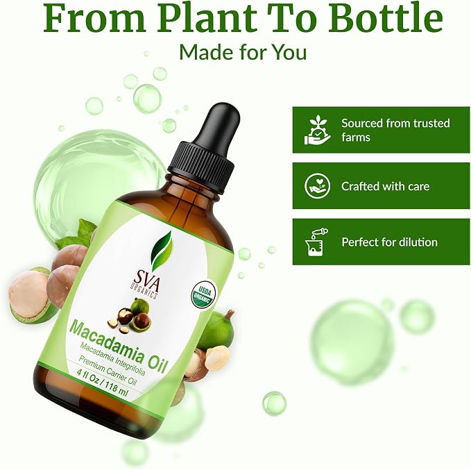 SVA Macadamia Seed Oil Organic - 4 Fl Oz – 100% Natural Cold Pressed Organic Macadamia Oil - for Face, Skin Care, Hair Care, Scalp Massage & Body Massage – Carrier Oil with Dropper
