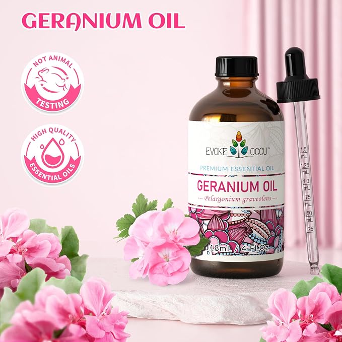 EVOKE OCCU & Geranium Essential Oil for Skin, Hair, Diffuser, Aromatherapy - 4 Fl Oz