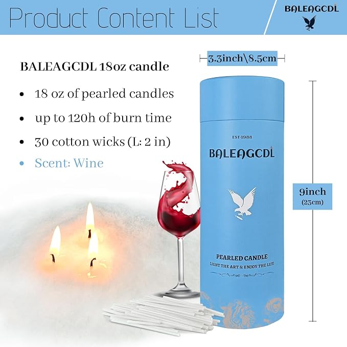 Vineyard White Pearled Candle 18 Oz (1.1lb) - 30 Wicks Wine Scented Sand Candles | 120-Hour Clean Burning Refillable Wax for DIY Candle Making (White)