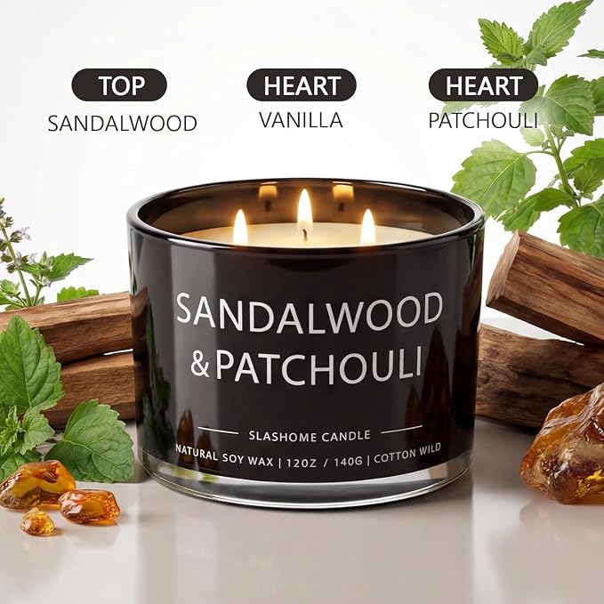 Sandalwood & Patchouli Scented Candle, Luxury Large 3 Wick Soy Candle 12 Oz, 60+ Hour Long Lasting Clean Burn, Elegant Aromatherapy Home Decor, Housewarming & Birthday Gift for Men & Women