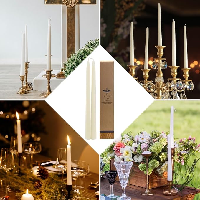 DEYBBY 8 inch Natural White Beeswax Taper Candles Set of 6, Smokeless and Dripless Pure Organic Beeswax Candles Bulk for Anniversary Wedding Dinner Home Decor Emergency Housewarming Gift, 6-7Hrs Burn