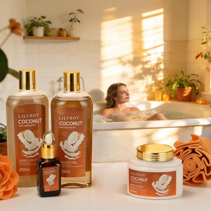 Coconut Spa Gifts Bath Kit, 7Pcs Moisturizing Spa Gift Basket for Women & Men