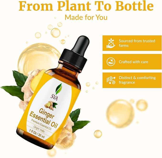 SVA Ginger Essential Oil 1 Fl Oz – for Diffuser, Skin & Hair Care – Ideal for Massage & DIY Blends - with Dropper