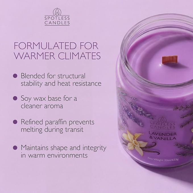 Spotless Leopard Vanilla & Lavender Candle 22oz Glass Jar with Wooden Wick in a Decorated Jar Within a Presentation Gift Box and Protective Shipping Box