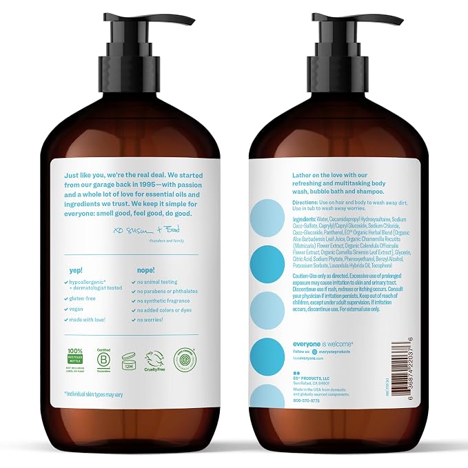 Everyone 3-in-1 Soap, Body Wash, Bubble Bath, Shampoo, 32 Ounce (Pack of 2), Unscented, made for Men and Women