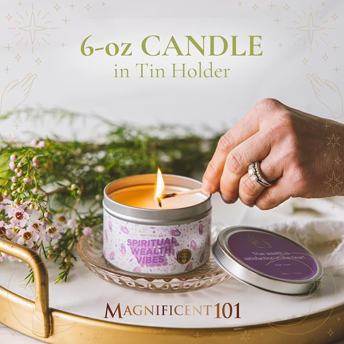 Magnificent 101 Spiritual Wealth Vibes 6-oz. Candle in Tin Holder; 100% Natural Soy Wax with Sage & Clove Essential Oils for Aromatherapy, Energy Cleansing, Meditation & Intention Setting; Great Gift