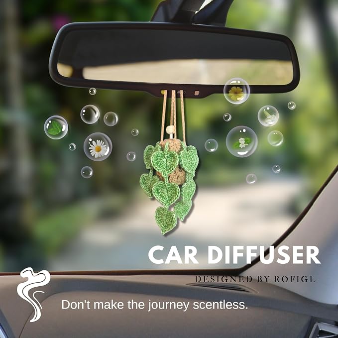 ROFIGL Handmade Crochet Hanging Car Air Freshener- Lifelike Green Pothos for Hanging with 12ml Thick Refillable Glass Diffuser Bottle, Suitable Decor for Car Rearview Mirror, Home & Wellness Spaces