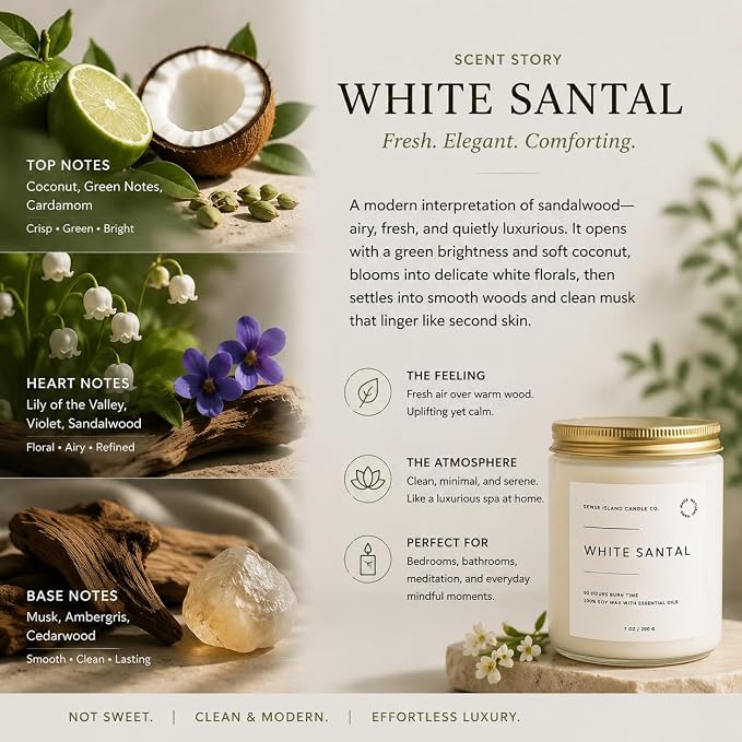 White Santal Scented Candle for Home | Natual Soy Wax | 50 hrs Burn Time | Hand Poured in Small Batches | Premium Fragrance