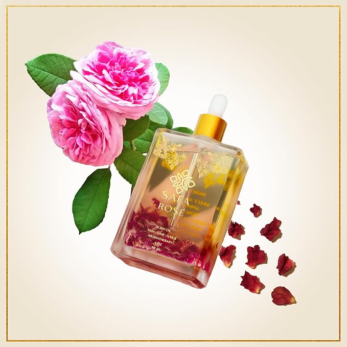 SAFA Rosé Body Oil | Luxury Bulgarian Rose Oil with Real Rose Petals | Fast Absorbing After Shower Hydrating Oil | Moroccan Argan Sweet Almond & Vitamin E | Silky Moisturizer Face & Skin | 4 fl oz