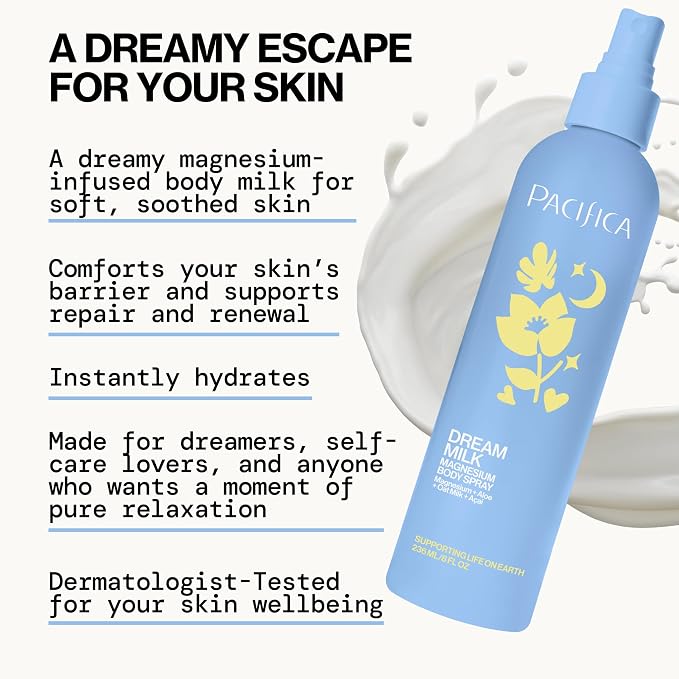 Pacifica Dream Milk Magnesium Spray for Sleep & Relaxation - Natural Magnesium Body Mist Infused with Lavender, Chamomile & Essential Oils, Vegan & Cruelty-Free, Clean Beauty, 8 fl oz