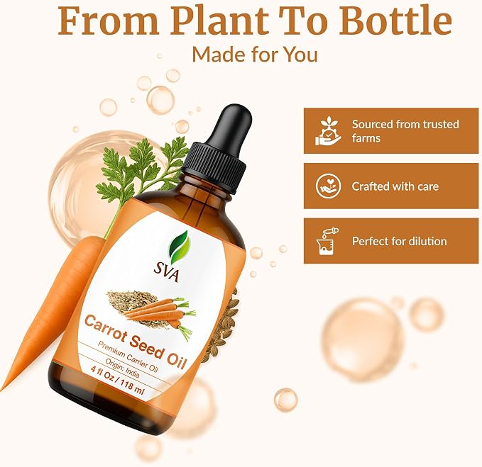 SVA Carrot Seed Oil - 4 Fl Oz - for Face, Skin Care, Hair Care, Scalp Massage & Body Massage – Carrier Oil with Dropper