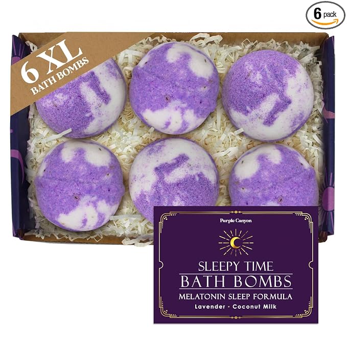 Purple Canyon Bath to Bed Natural Bath Bombs | Calming and Relaxing Sleep Support with Melatonin | Lavender and Coconut Milk Scented Handmade Bath Bombs Set