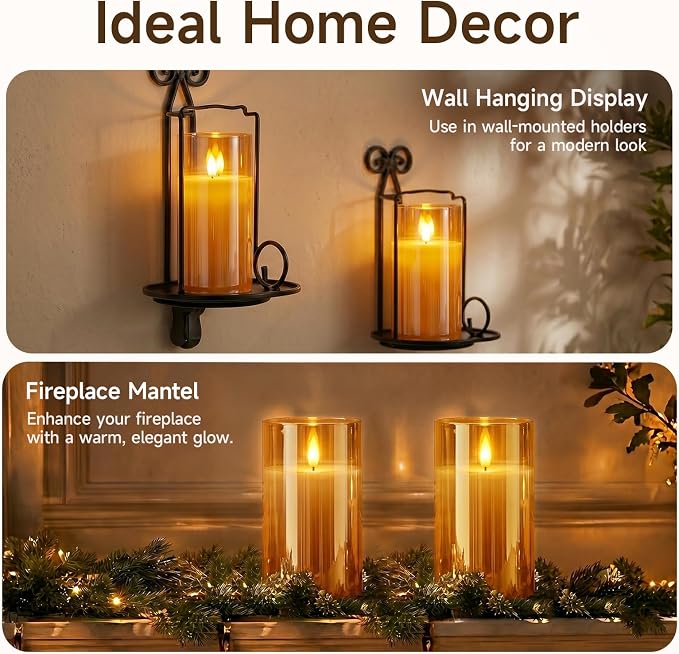Homemory Amber Glass Flameless Candles Battery Operated LED Pillar Candles with Remote and Timer, Real Wax Flickering Candles with 3D Wick, Decorative Candles Home, Wedding, Holiday Decor, Set of 2