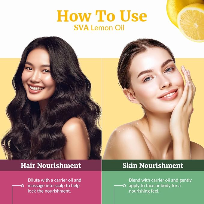 SVA Lemon Essential Oil Organic – 2 Fl Oz – 100% Natural Organic Lemon Oil - for Diffuser, Hair, Face, Skin Care, Aromatherapy, Scalp and Body Massage, Soap and Candle Making - with Dropper