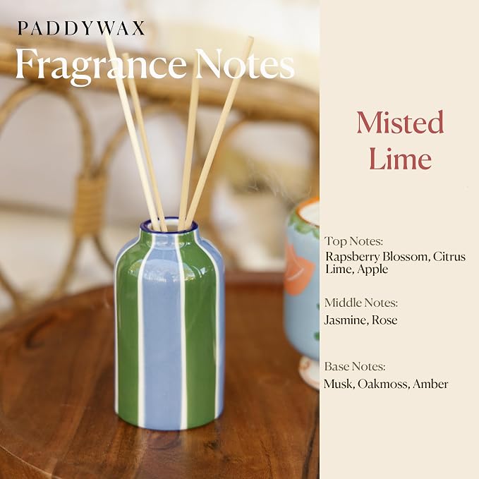 Paddywax A Dopo Reed Diffuser with Wooden Reeds, Long Lasting Home Fragrance Oil, Hand Painted Ceramic Vessel, Decorative Scent for Home, Giftable Box, 4 fl oz, Misted Lime