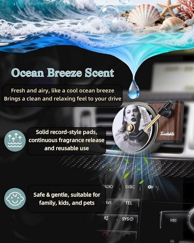 Record Player Car Air Freshener Vent Clip, 12PCS Vintage Album Style Refill Pads, Taylor Air Freshener Car Decor Accessories, Ocean Breeze Scent Air Fresheners for Car, Music Lovers Gifts