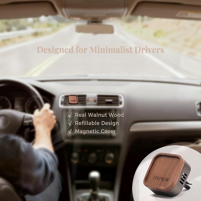 Walnut Wood Car Vent Diffuser, Essential Oil Diffuser for Car, Zinc Alloy with Magnetic Cover, Refillable Non-Electric Air Freshener, Subtle & Controlled Scent