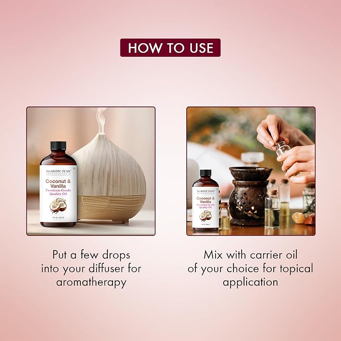 Majestic Pure Essential Oil with Glass Dropper - 100% Pure and Natural - Essential Oils for Diffuser, Aromatherapy, Soap and Candle Making, Coconut Vanilla Essential Oil, Coconut Vanilla Oil, 2 Fl Oz