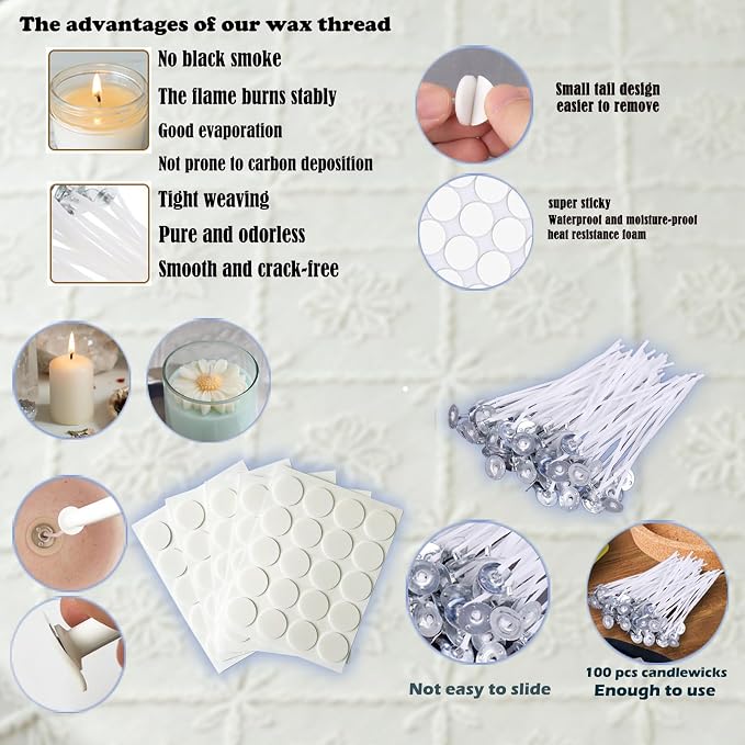 135PCS Candle Making Kits with Candle Wick Trimmer(7IN)& Dipper,Big Eye Long Needle Mold Hook Punch Needle for Inserting Wick,Cotton Wick with Metal Sustainer Tabs,Wick Stickers for Candle Lovers