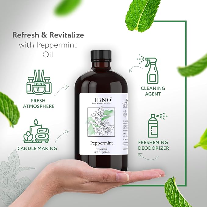 HBNO Peppermint Essential Oil - Huge 16 oz (475ml) Large Size - Ideal for Diffusers, Cleaning Agents, Deodorizers, and Flavoring Agents.